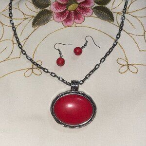 💙Red oval necklace and earring set